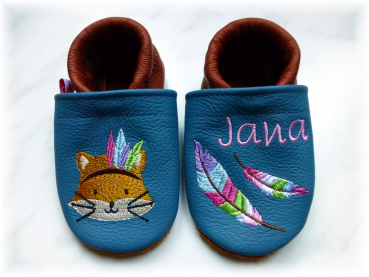 Fuxis-Krabbelschuhe "Indianer-Kätzchen" jeansblau braun mit Namen